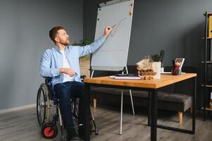 Disabled person in the wheelchair works in the office at the computer. He is smiling and passionate about the workflow. photo