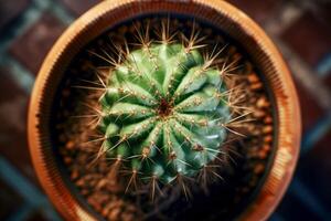 AI generated Succulent, cactus in a pot, top view. Care for domestic plants. Unpretentious flower. photo