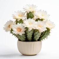 AI generated blooming cactus with white flowers in the pot. White background, isolated object. photo