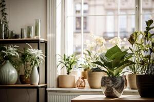 AI generated Homegrown plants in pots in the window of the modern interior of a house or apartment photo