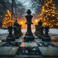 ai generado ajedrez tablero en alfombra conteniendo ajedrez piezas. un festivo imagen presentando un ajedrez tablero con un hermosamente decorado Navidad árbol en el antecedentes. foto