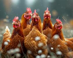 AI generated Group of chickens standing on a field. A flock of chickens stand closely together in a neat line formation, showcasing their unity and social behavior. photo