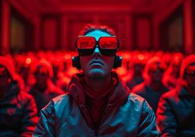 AI generated Man With Red Glasses and Headphones in Front of Crowd photo