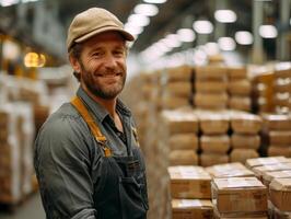 AI generated Man in Overalls and Hat Standing in Warehouse photo