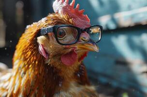 ai generado cerca arriba de un pollo vistiendo lentes. un pollo vistiendo lentes es en un azul antecedentes foto