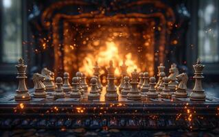 AI generated Chess game on a desk. A set of chess pieces placed on a table, ready for a game of strategic thinking and mental challenge. photo