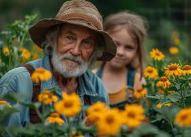 AI generated Children and grandpa working. A man and a little girl stand together in a vibrant field of blooming flowers. photo