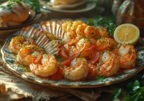 AI generated Delicious grilled jumbo shrimps served with lemon on plate photo