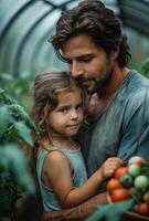 AI generated Man Holding Little Girl in Greenhouse, A Heartwarming Moment of Bonding and Learning photo