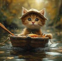 AI generated A small cat carries the boat of fish towards the rive. A playful and adorable kitten sits calmly in a boat floating on the water, exploring its surroundings. photo