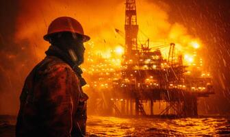 ai generado petróleo trabajador es acecho el petróleo plataforma a noche. hombre silueta en un naranja difícil sombrero con un petróleo plataforma en el antecedentes foto