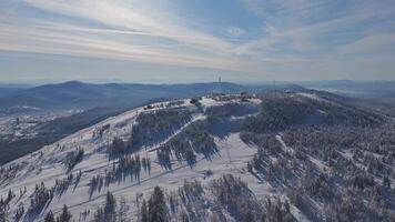 Ski resort Sheregesh village abundant with lifts Ski resort haven for winter sports enthusiasts. Ski resort set in snowy northern landscape Paradise where each trail offers adventure in frost. video