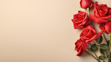 rojo rosas en beige papel antecedentes con Copiar espacio tarjeta postal. S t. San Valentín día póster. ai generado foto