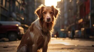 extraviado calle perro en el ciudad. perdido hambriento mascota. ai generado foto