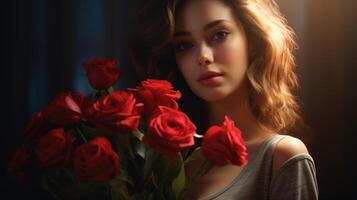 Beautiful young lady with a bouquet of red roses. AI Generated photo