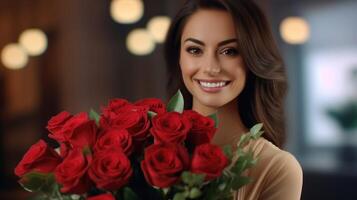 Smiling woman holds a beautiful bouquet of red roses. Lights at the background. St. Valentine's Day. AI Generated photo
