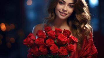 Pretty woman holding a beautiful bouquet of red roses. AI Generated photo
