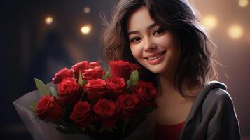 joven dama sostiene un hermosa ramo de flores de rojo rosas. luces a el antecedentes. ai generado foto