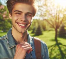 Image of the European young man, walking outside, smiling. People photo