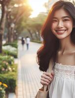 imagen de el asiático joven mujer, caminando afuera, sonriente. personas foto