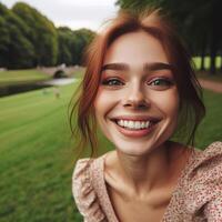 imagen de el europeo joven mujer, caminando afuera, sonriente. personas foto