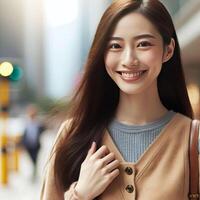 Image of the asian young woman, walking outside, smiling. People photo