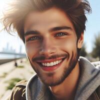 Image of the European young man, walking outside, smiling. People photo