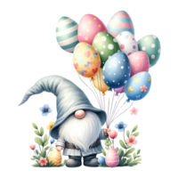 AI generated Easter gnome holding colorful helium balloons in Easter shapes watercolor clipart. AI Generate png