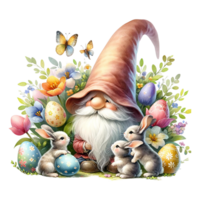 AI generated Gnome  celebrating Easter with bunnies watercolor clipart. AI Generate png