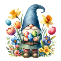 ai generado gnomo con Pascua de Resurrección huevos y primavera flores acuarela clipart. ai generar png