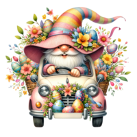 AI generated Easter Gnome with a Springtime car watercolor clipart. AI Generate png