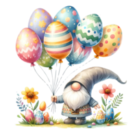 AI generated Easter gnome holding colorful helium balloons in Easter shapes watercolor clipart. AI Generate png