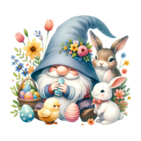 ai generato gnomo festeggiare Pasqua con coniglio e pulcino acquerello clipart. ai creare png