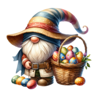 AI generated Gnome filling Easter basket with colorful eggs and spring flowers watercolor clipart. AI Generate png