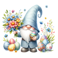 ai generado gnomo con Pascua de Resurrección huevos y primavera flores acuarela clipart. ai generar png