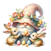 AI generated Gnome  celebrating Easter with bunnies watercolor clipart. AI Generate png