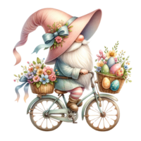 AI generated Easter Gnome with a Springtime Bicycle  watercolor clipart. AI Generate png