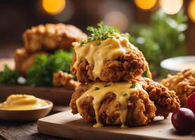 AI generated fried chicken nuggets with mustard and mayonnaise on wooden table photo