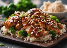 ai generado teriyaki pollo con arroz, sésamo semillas y perejil foto