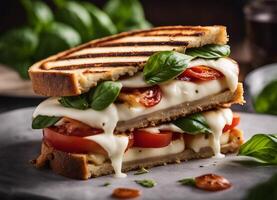 AI generated Grilled Caprese panini with basil and mozzarella photo