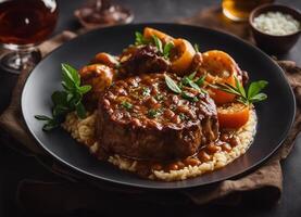 AI generated Osso buco on risotto with gremolata photo