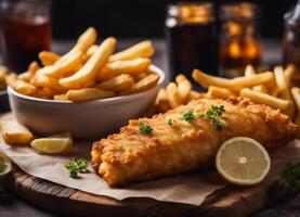 ai generado clásico pescado y papas fritas servido con limón y perejil en un de madera tablero foto