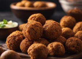 AI generated Close-up of crispy falafel balls on a wooden platter with dipping sauce photo