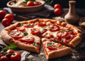 AI generated Pizza Margherita with mozzarella cheese, tomatoes and basil photo