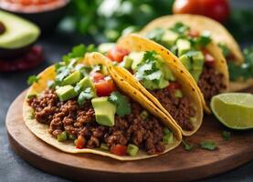 AI generated Mexican tacos with ground beef, avocado and cilantro on wooden board photo