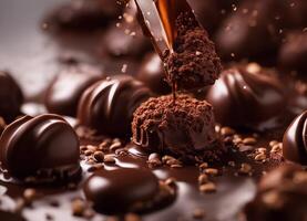 AI generated Pouring melted chocolate over cocoa-dusted truffles photo