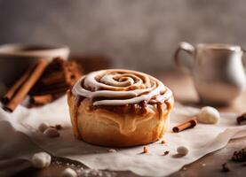 AI generated Cinnamon roll with white icing on parchment paper photo