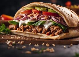 AI generated Doner kebab in pita with fresh salad and creamy sauce photo