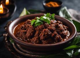 ai generado indonesio carne de vaca rendang en un cuenco adornado con Fresco cilantro foto