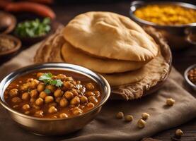 AI generated Chole Bhature with chickpea curry and fluffy bread photo